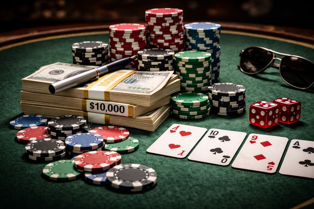 צ'יפים וכסף על שולחן פוקר